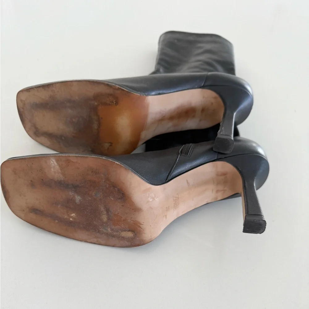 Zara Limited Edition Leather Heeled Square Toe Ankle Boots Size 39/9 - Picture 7 of 7